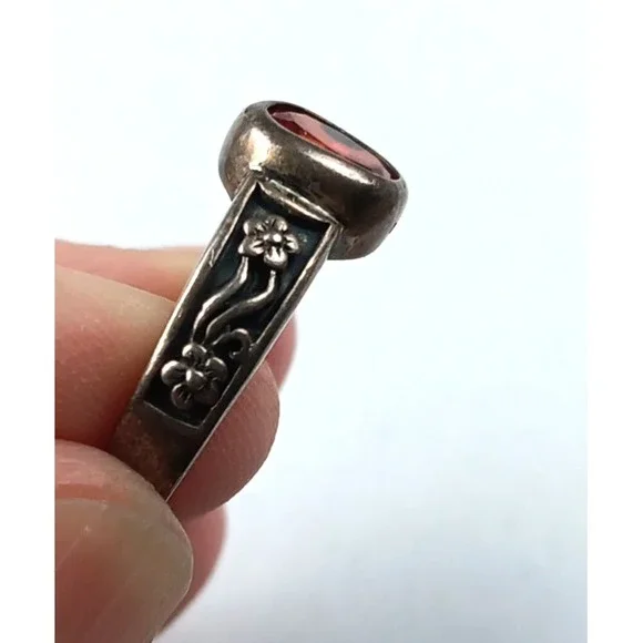 VTG Silver Ring Orange Stone 925 Hippy Boho Ring Sz 7.75 Floral Detail - Picture 2 of 7